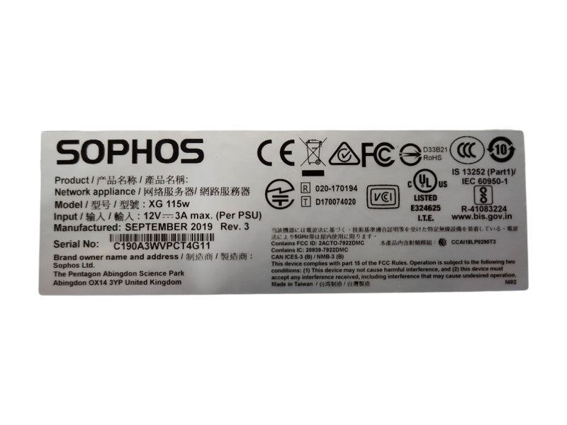 Sophos XG 115w Firewall Rev 3, Factory Reset, No Power Adapter