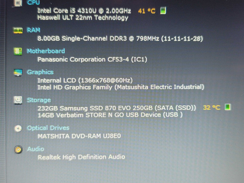 Panasonic CF-53 i5-4310U 8GB DDR3 250GB SATA SSD READ  β