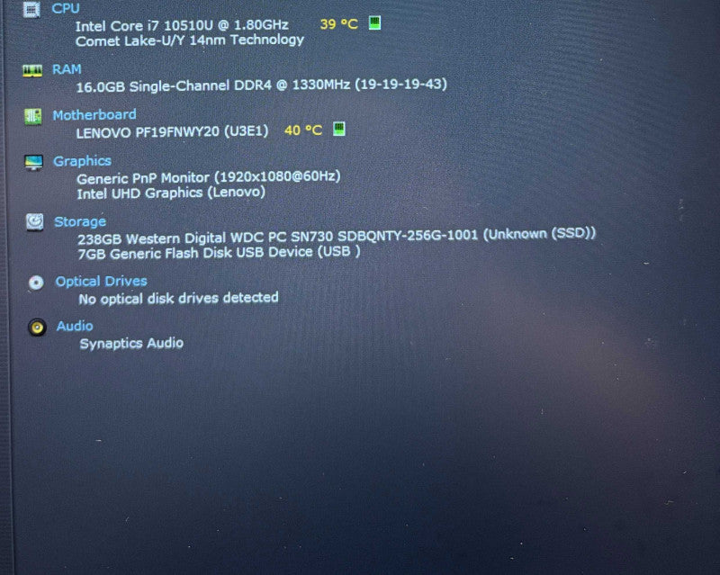 Lenovo ThinkPad E15 Core i7-10510U@1.8GHz 16GB RAM 256GB SSD READ  Lap200