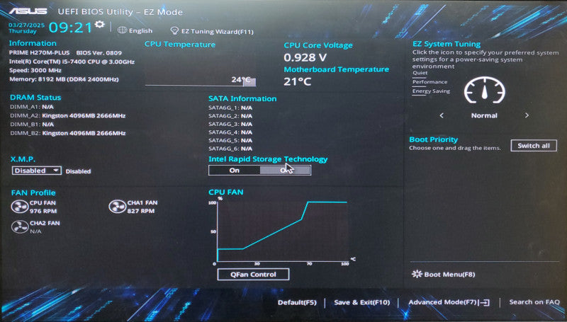 Custom PC/ ASUS PRIME H270M-PLUS, i5-7400@3.00GHz, RAM 8GB DDR4, No HDD/SSD