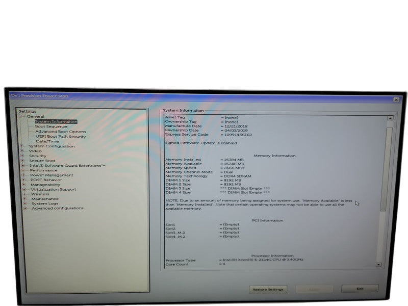Dell Precision Tower 3430 Xeon E - 2124G @ 3.40GHz 16GB DDR4 Ram θ
