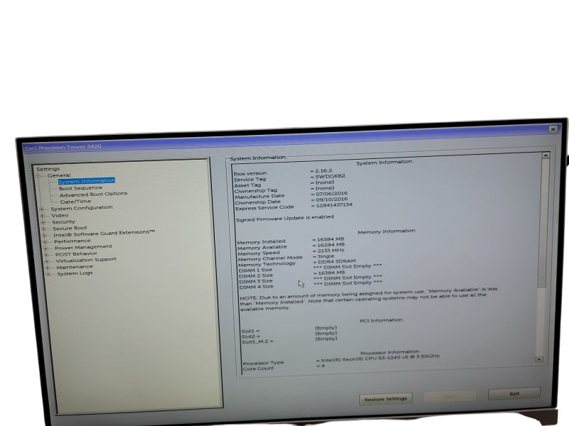Dell Precision Tower 3420 Xeon E3 - 1245 v5 @ 3.50GHz 16GB DDR4 Ram θ