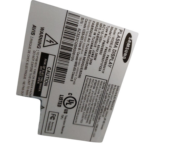 Samsung Tv 50" Plasma Display Model: pn50b860y1f =