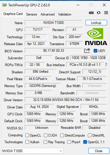 NVIDIA Quadro T1000 4GB GDDR6 Graphics card GPU - Low Profile