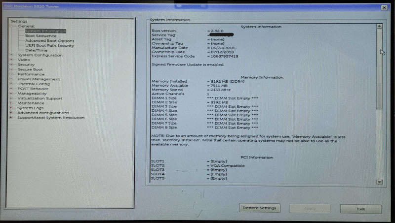 Dell Precision T5820, Xeon W-2123 3.60GHz, 8GB DDR4, M2000, 425W PSU