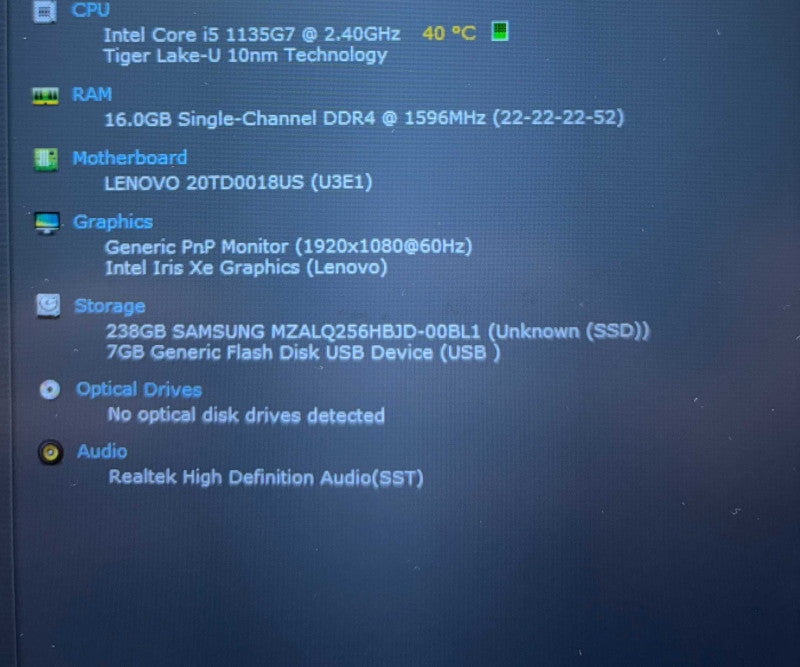 Lenovo ThinkPad E15 Core i5-1135G7@2.4GHz 16Gb RAM 256GB SSD READ  Lap200