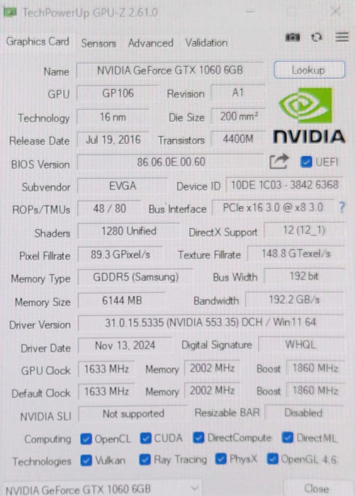 EVGA GeForce GTX 1060 6GB GDDR5 Graphics Card ACX 3.0 _