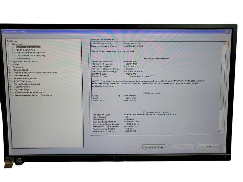Dell Optiplex 3050 Intel Celeron G3930 @ 2.9Ghz 8GB DDR4 Q