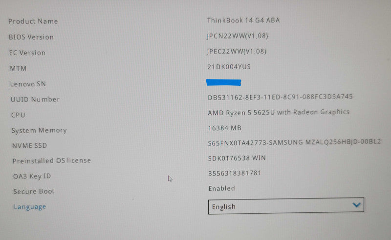 Lenovo ThinkBook 14 G4 ABA Ryzen 5 5625U 16GB DDR4 256GB SSD  β Lap200