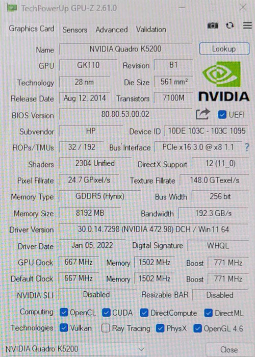 Nvidia Quadro K5200 - 8GB GDDR5 PC Graphics Card, READ _