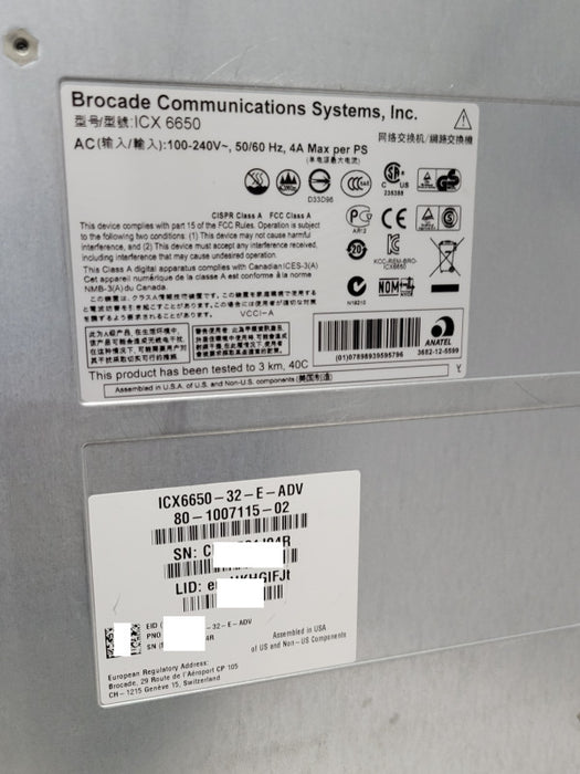 Brocade ICX6650-32-E-ADV 48x SFP+ 6x QSFP+ Port Managed Switch, READ _