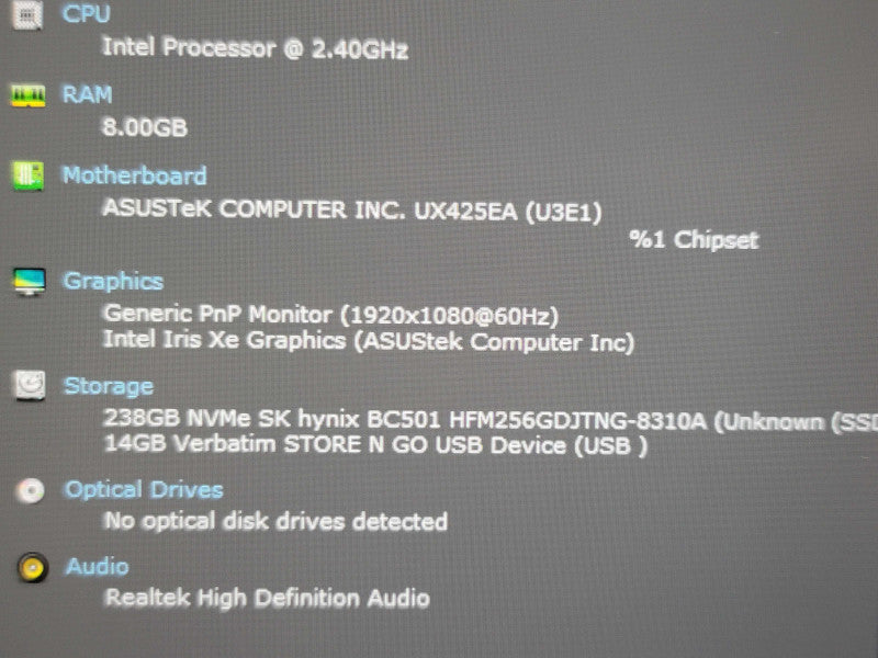 Asus ZenBook 14" UX425E i5-1135G7 8GB RAM 256GB SSD // NO ADAPTER  β Lap200