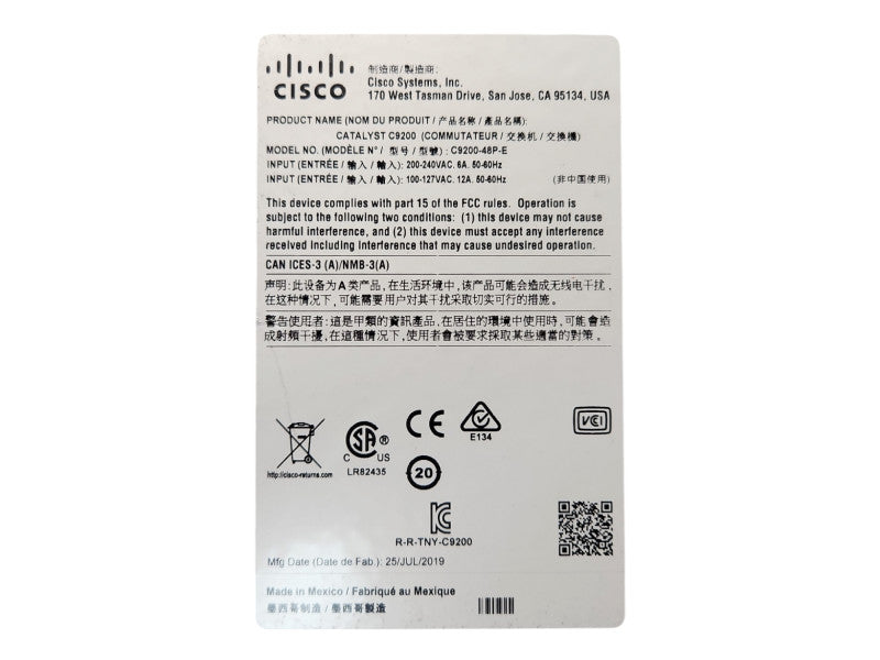 Cisco Catalyst C9200-48P-E 48-port PoE+ Switch w/ 1x PWR-C5-1KWAC