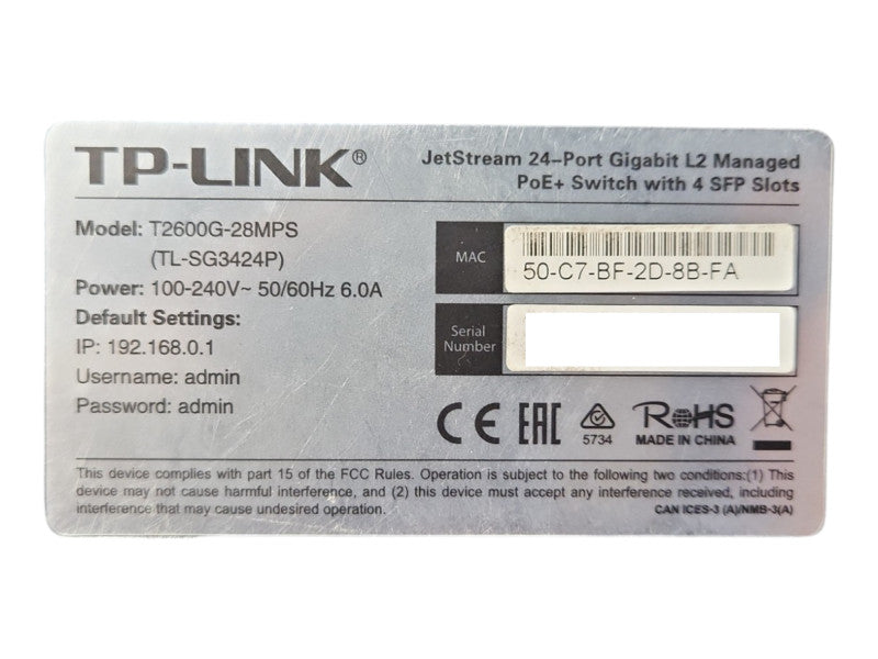 TP-Link T2600G-28MPS JetStream 24-Port Gigbit L2 Managed PoE+ Switch 4xSFP