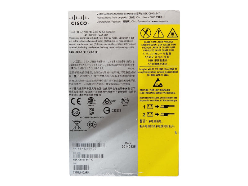 Cisco N6K-C6001-64T Nexus 6001 Fixed 48-Port of 10G Base-T & 4-Port QSFP+