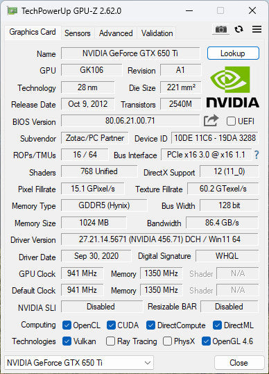 Nvidia Zotac GeForce GTX 650Ti 1GB GDDR5 Graphics Card - 2xDVI 1xMiniHDMI