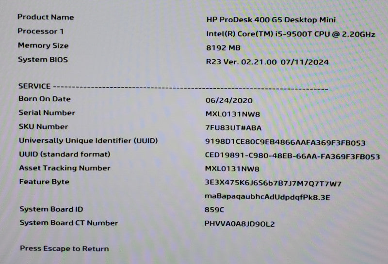 HP ProDesk 400 G5 Mini Desktop Core i5 9500T CPU @ 2.2 GHz 8GB RAM NO-HDD Q