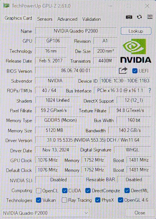 NVIDIA Quadro P2000 5GB GDDR5 Graphics Card, 4xDisplay Ports