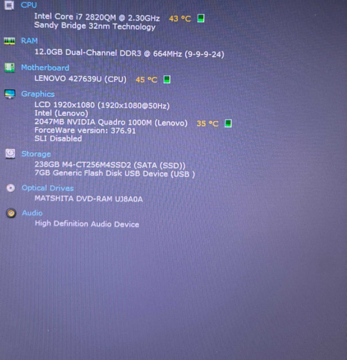 Lenovo ThinkPad W520 i7-2820QM QUADRO 1000M 2GB GPU  12GB RAM 256GBSSD  Lap200
