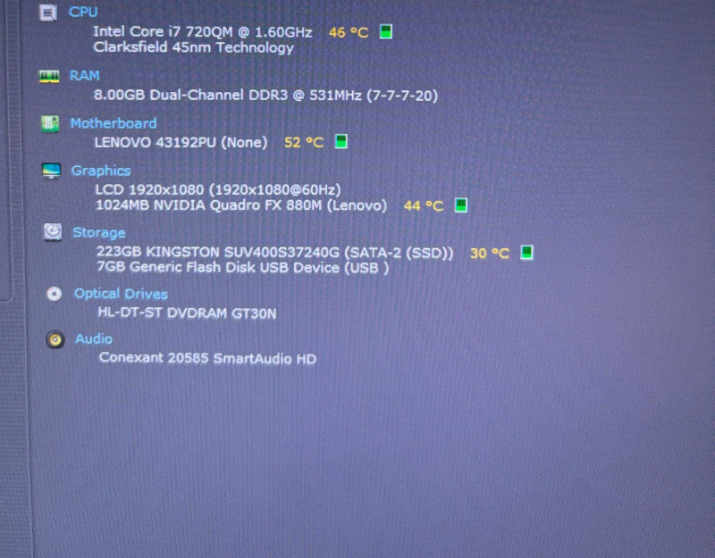 Lenovo ThinkPad W510 i7-Q720@1.6GHz QUADRO FX 880M GPU 8GB RAM 240GB SSD  Lap200