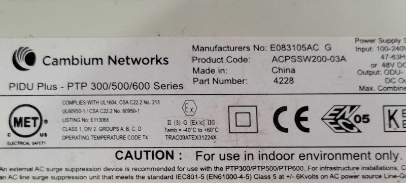 Cambium Networks PIDU Plus Power Supply For PTP 300/500/600 Series ACPSSW20 Q_