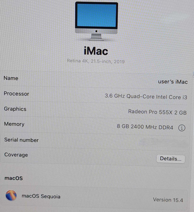 iMac 21.5" (4K, 2019)|i3-8100|8GB |1TB HD|Radeon Pro 555X 2GB GPU