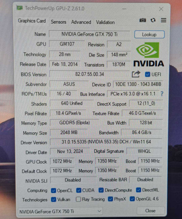 ASUS GeForce GTX 750 Ti OC 2GB GDDR5 PCIe Graphics Card - DVI, HDMI, VGA