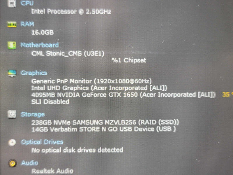 Acer Nitro 5 i5 10300H 16GB DDR4 GTX 1650 256GB SSD READ β Lap200
