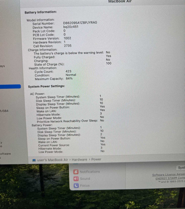 Apple MacBook Air M1 2020 8GB RAM 256GB SSD No Power Adapter READ