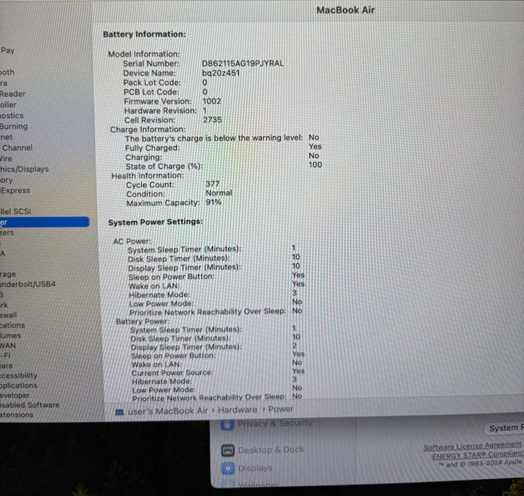 Apple MacBook Air M1 2020 8GB RAM 256GB SSD No Power Adapter READ!