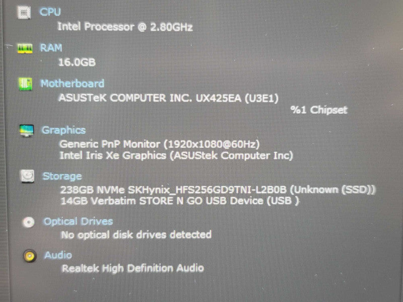 Asus ZenBook 14 UX425 i7-1165G7 16GB RAM 256GB SSD no ac adapter  β Lap200