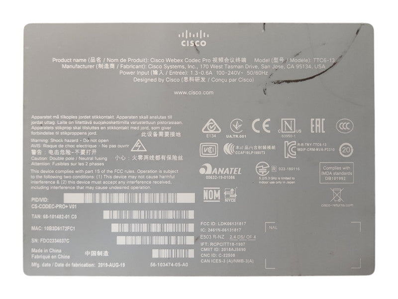 Cisco Room Kit Pro TTC6-13 CS-CODEC-PRO+ V01, No Remote