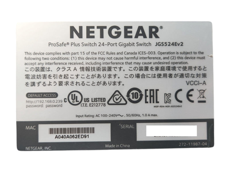 NetGear ProSafe Plus JGS524Ev2 24-Port Gigabit Ethernet Managed Switch