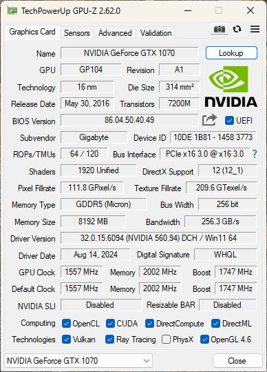 Gigabyte GeForce GTX 1070 8GB Graphics Card 3xDP 1xHDMI 1xDVI