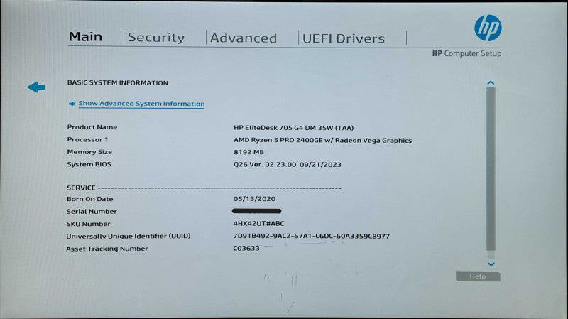HP EliteDesk 705 G4 USFF, Ryzen 5 PRO 2400GE, 8GB RAM, 256GB NVMe, PWR
