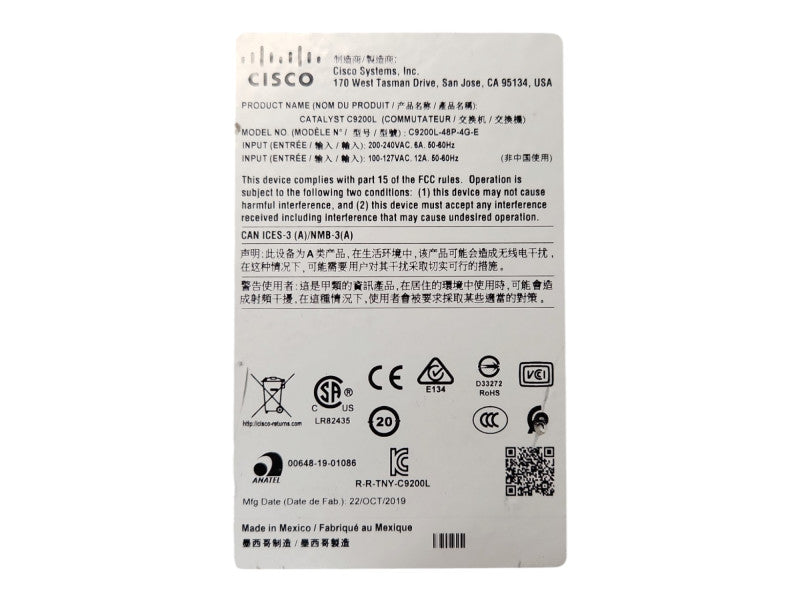 Cisco C9200L-48P-4G-E V01, 48-Port Gigabit PoE+ Managed Switch, No PSU
