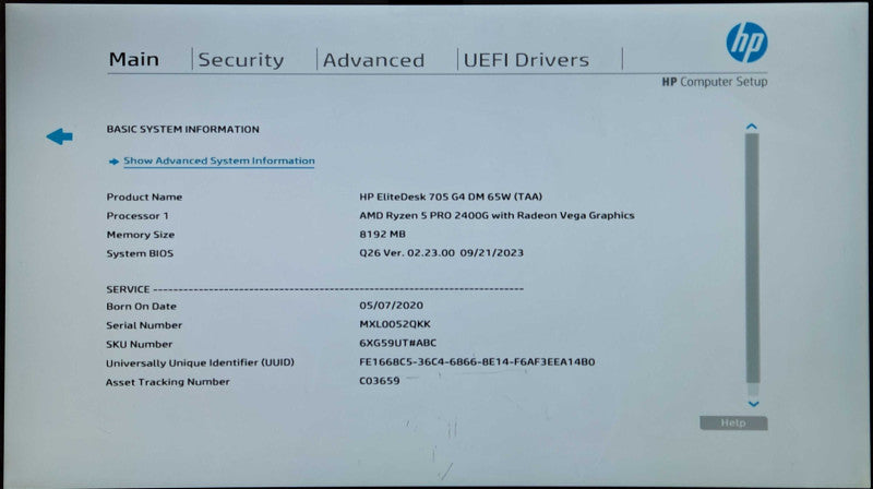 HP EliteDesk 705 G4 USFF, Ryzen 5 PRO 2400G, 8GB RAM, 256GB NVMe, PWR