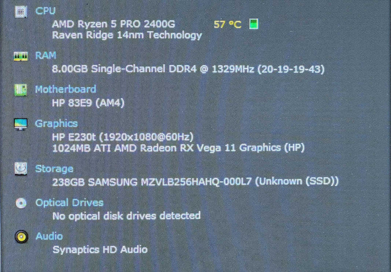 HP EliteDesk 705 G4 USFF, Ryzen 5 PRO 2400G, 8GB RAM, 256GB NVMe, PWR