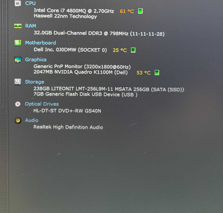 Dell Precision M4800 i7-4800MQ@2.7GHz QUADRO K1100M 2GB GPU 32GB RAM 256GB   Lap200