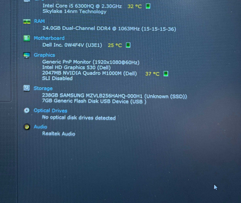 Dell Precision 7510 i5-6300HQ@2.3Ghz QUADRO M1000M 2GB GPU 24GB 256GB SSD  Lap200