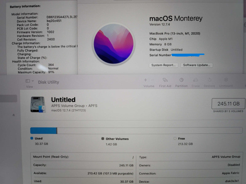 Apple MacBook Pro (13", 2020)  A2338 M1 8GB RAM 250GB SSD  β