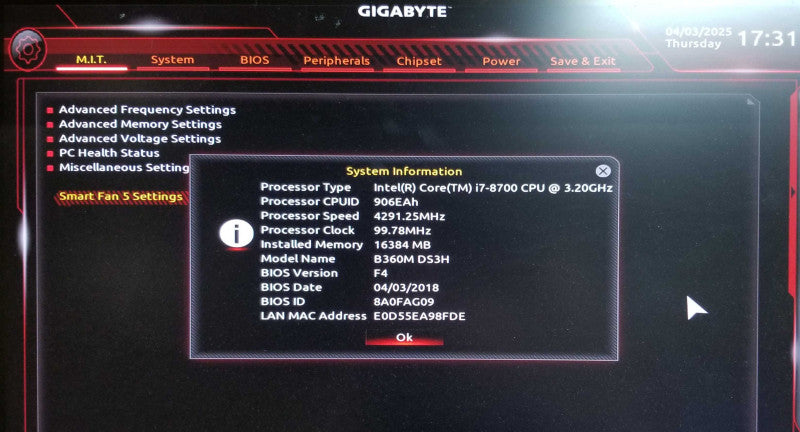 MotherBoard GIGABYTE B360M, Intel i7-8700 CPU 3.20GHz, 16GB RAM
