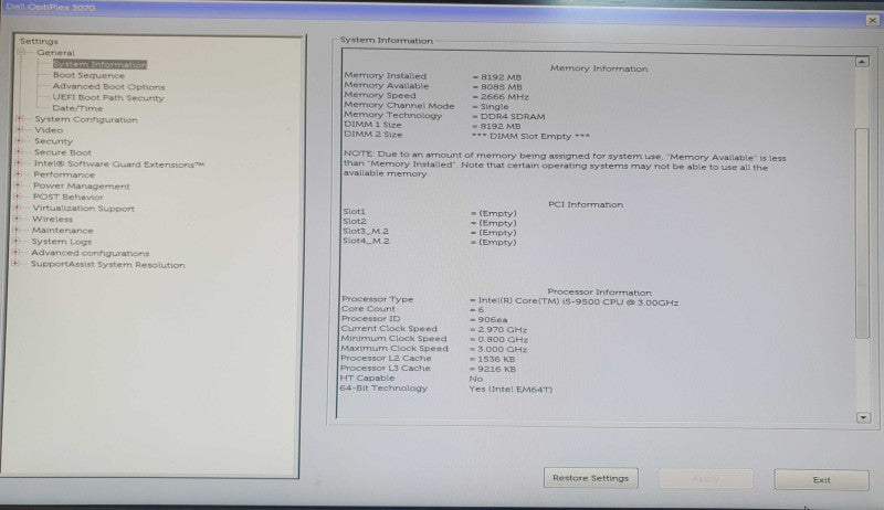 Dell OptiPlex 3070 SFF i5-9500 3.00GHz 8GB RAM - No HDD Q