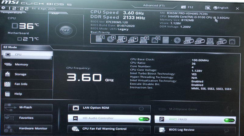 Custom PC Intel i3-9100@3.60GHz RAM 8GB NO-HDD/SSD