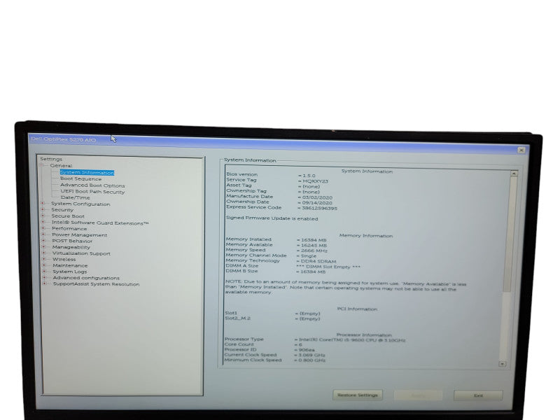 Dell OptiPlex 5270 AIO 21.5'' i5 - 9600 @ 3.10GHz 16GB DDR4 Ram θ