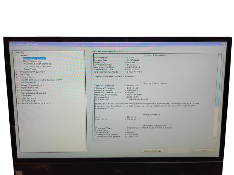 Dell OptiPlex 5260 AIO 21.5 i3 - 8100 @ 3.60GHz 16GB DDR4 Ram θ