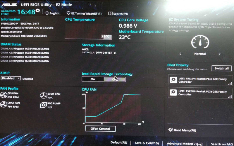 Custom Tower, ASUS Prime Z390-P, Intel i9-9900K CPU 3.60GHz, 64GB RAM