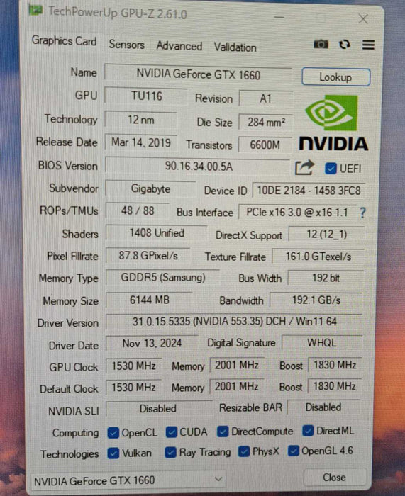GIGABYTE GeForce GTX 1660 6GB GDDR5 Graphics Card | 3x DP 1x HDMI