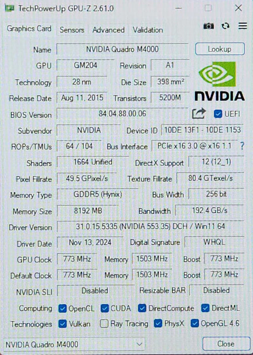 NVIDIA Quadro M4000, 8GB GDDR5 PCIe Graphics Card, 4x DisplayPort