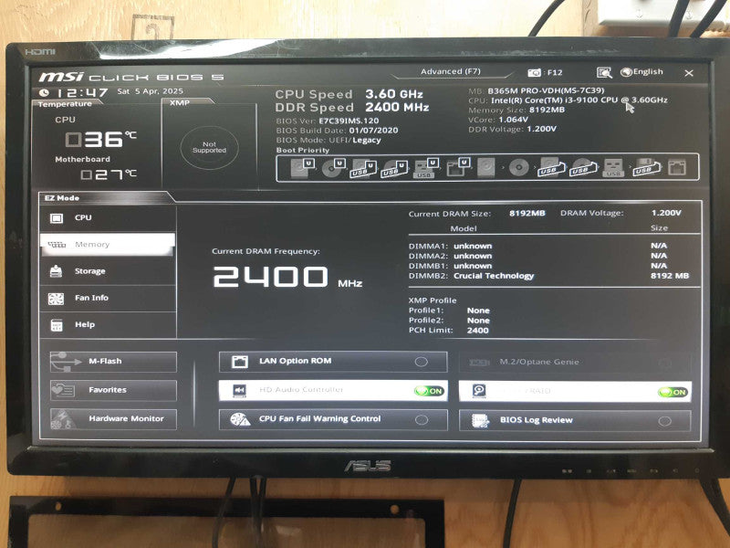Custom PC MSI B365M PRO-VDH i3-9100 3.60 GHz 8GB DDR4 NO HDD